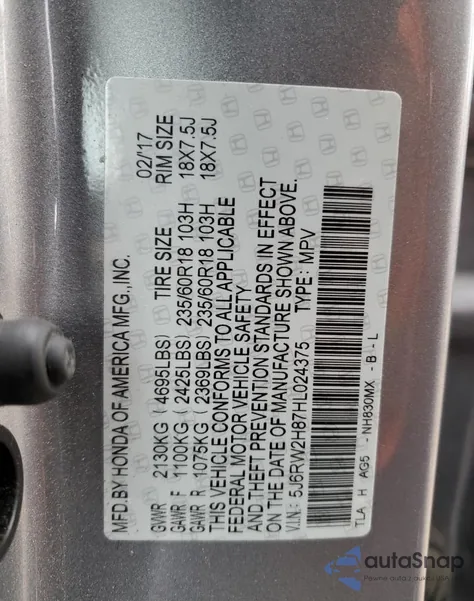 2017 Honda Cr-V Exl from USA, damaged, VIN 5J6RW2H87HL024375